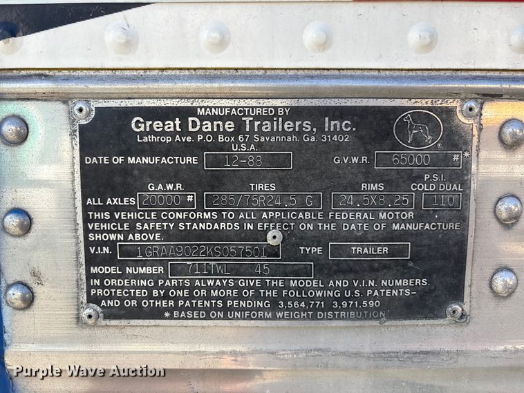 image for item ER7641 1989 Great Dane 711TWL dry van trailer