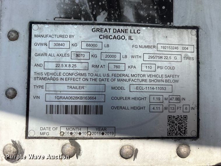 image for item YA3122 2019 Great Dane Trailers ECL-1114-11053 refrigerated van trailer