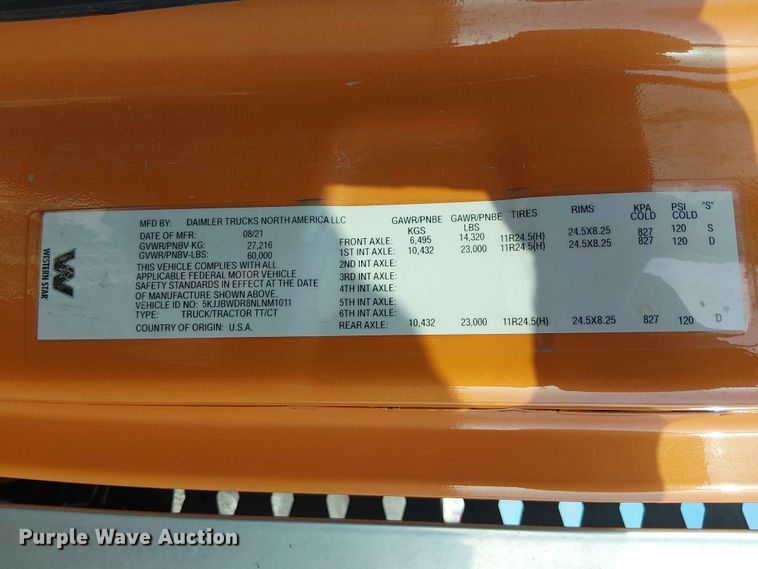 image for item YA3574 2022 Western Star 4900 semi truck