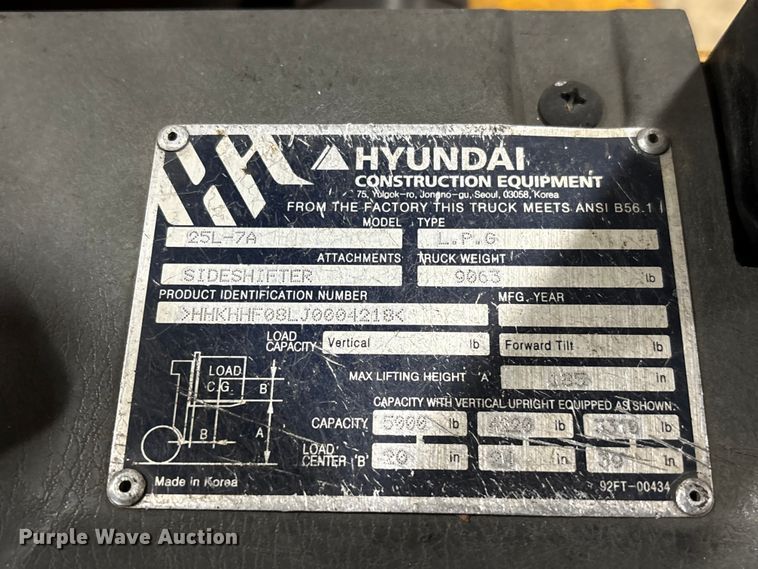 image for item DU6347 2018 Hyundai 25LC-7A forklift