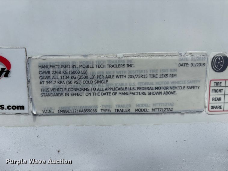 image for item EG9177 2019 Mobile Tech MTT712TA2 fiber optic splicing trailer