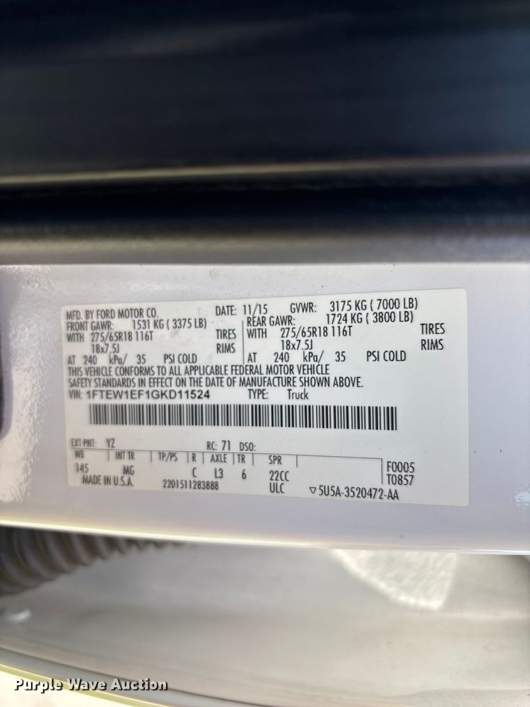 image for item ER7652 2016 Ford F150 Crew Cab pickup truck