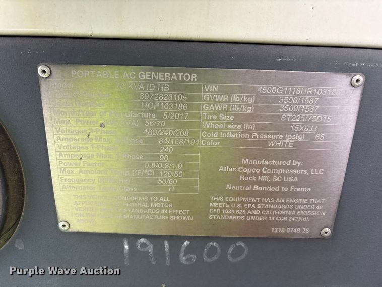 image for item ER7654 2017 Atlas Copco 70 KVA ID HB generator