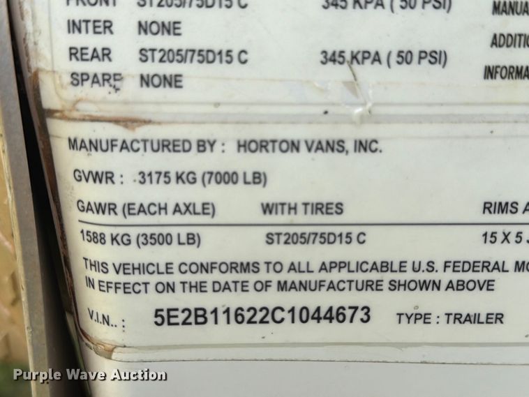 image for item EW0317 2012 Horton Vans enclosed cargo trailer