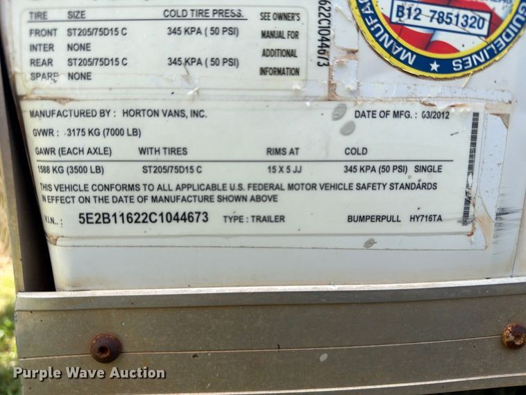image for item EW0317 2012 Horton Vans enclosed cargo trailer