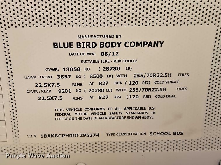image for item FN5587 2013 Blue Bird BB Conventional school bus