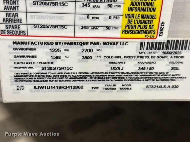 image for item ND9528 2024 Sure-Trac by Novae ST8214LS-A-030 utility trailer