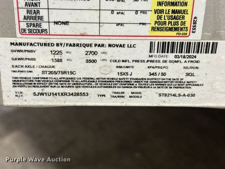 image for item ND9529 2024 Sure- trac by Novae ST8214LS-A-030 utility trailer
