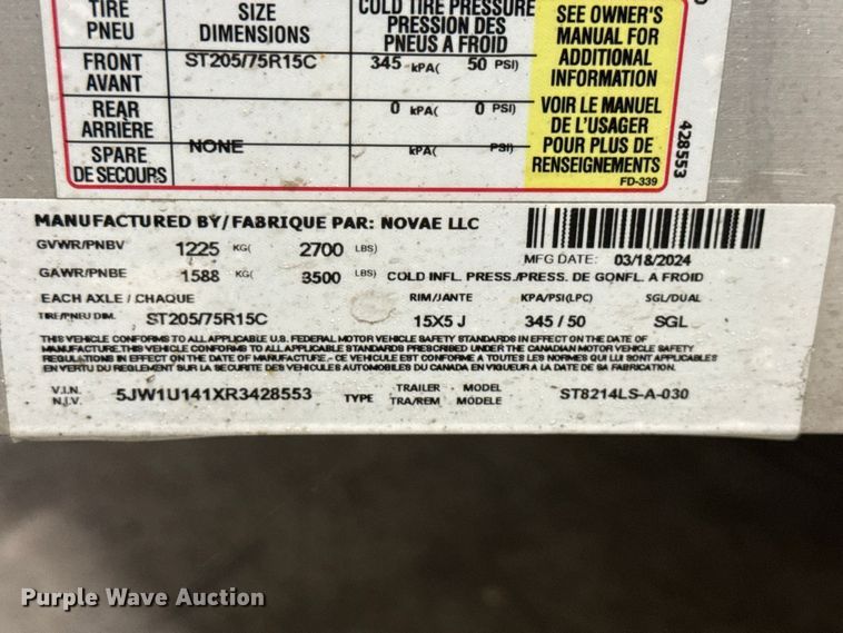 image for item ND9529 2024 Sure- trac by Novae ST8214LS-A-030 utility trailer