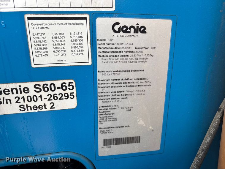image for item DU6352 2011 Genie S-65 boom lift