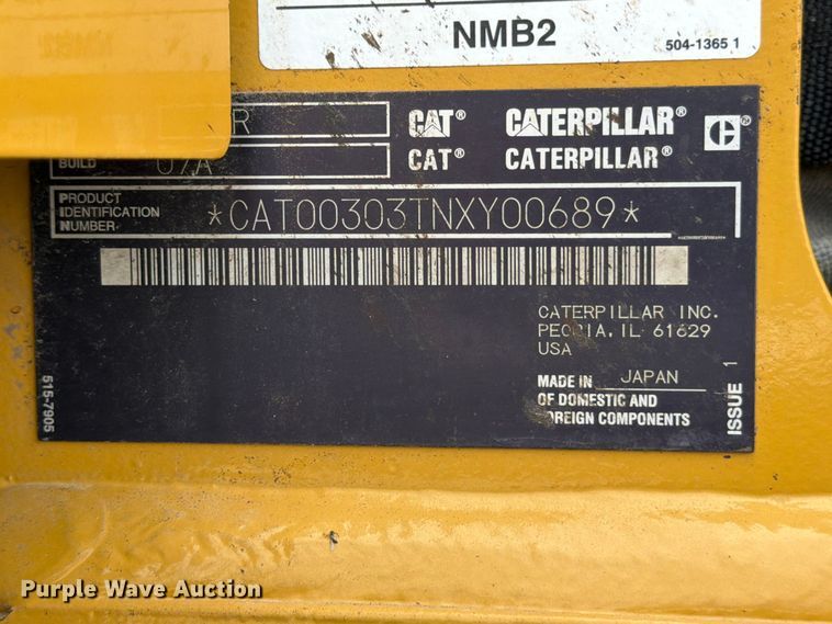 image for item ED5311 2022 Caterpillar 303 CR Mini excavator