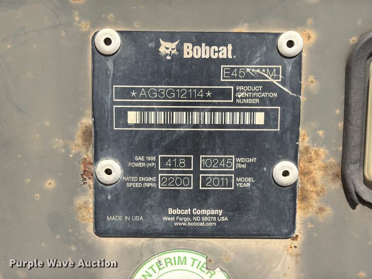 image for item FB8220 2011 Bobcat E45 mini excavator