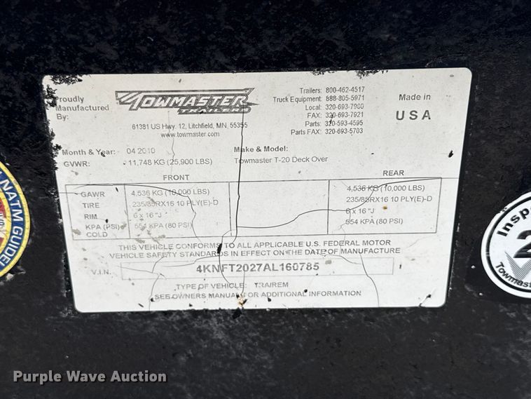 image for item ND9490 2010 Towmaster T-20 equipment trailer