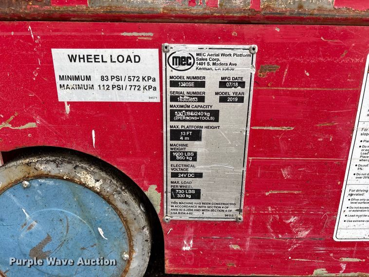 image for item YA3476 2019 MEC 1330SE scissor lift