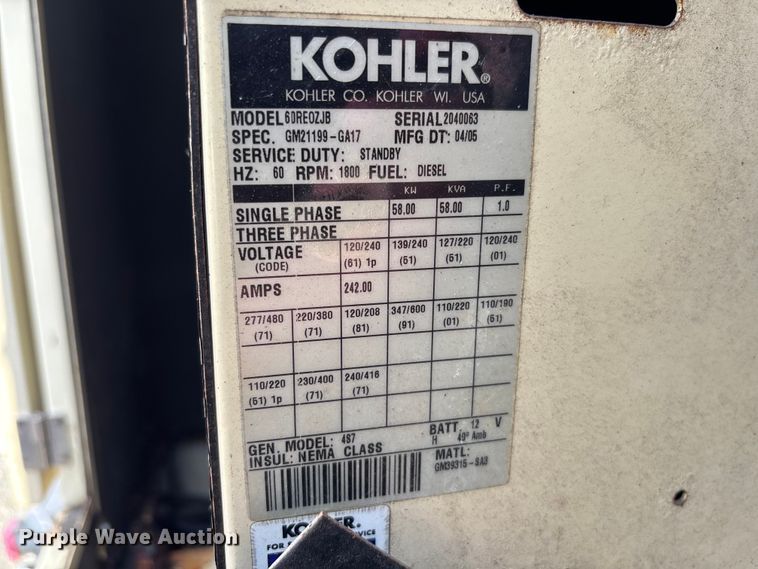 image for item YA3731 2005 Kohler 60RE0ZJB generator