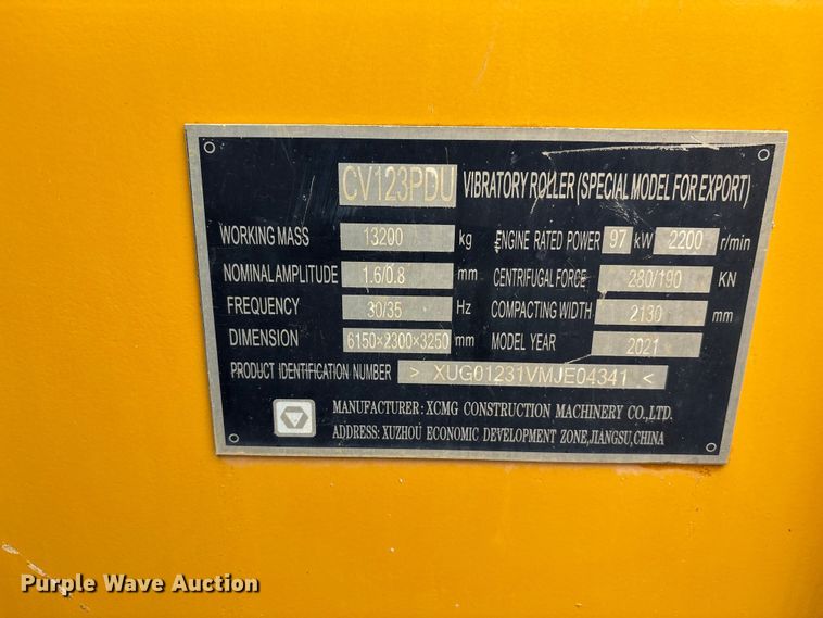image for item YA3744 2021 XCMG CV123PDU single drum vibratory roller