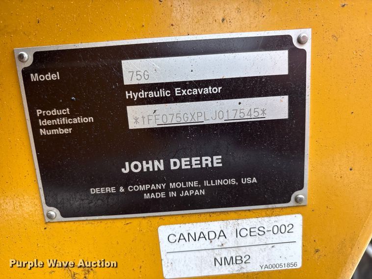 image for item YA3792 2020 John Deere 75G excavator