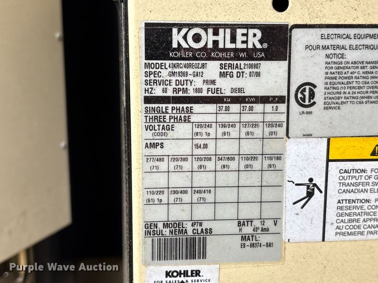 image for item YA3843 2006 Kohler 40RC/40RE0ZJBT generator