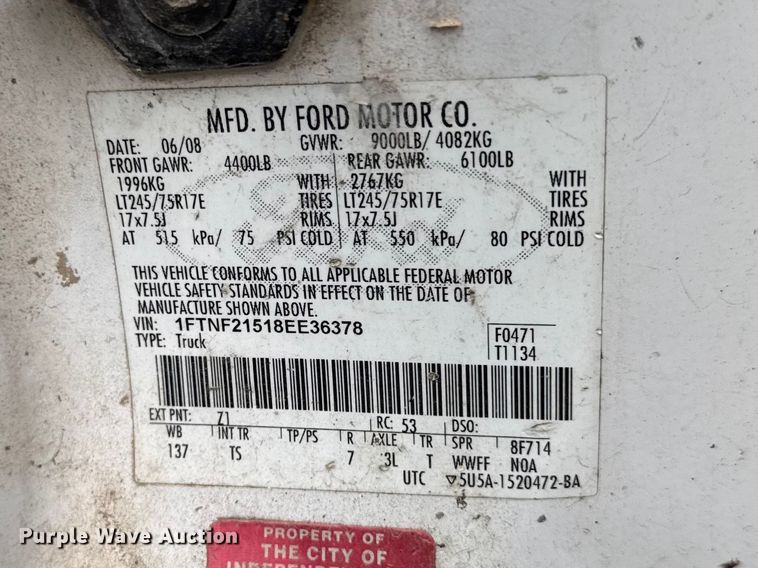 image for item EN0343 2008 Ford F250 Super Duty XL pickup truck