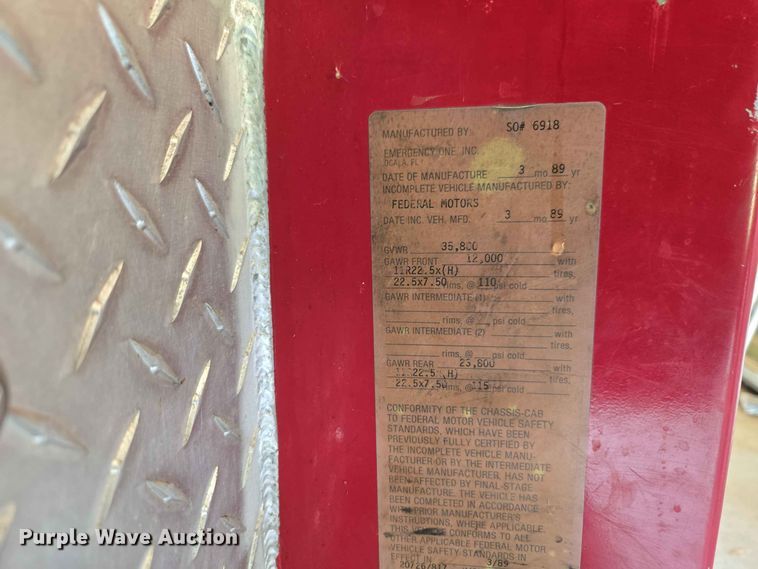 image for item EW0376 1989 Federal Motors pumper fire truck