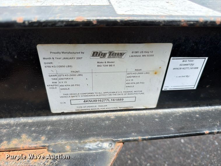 image for item EX5530 2007 Big Tow BE-5 equipment trailer