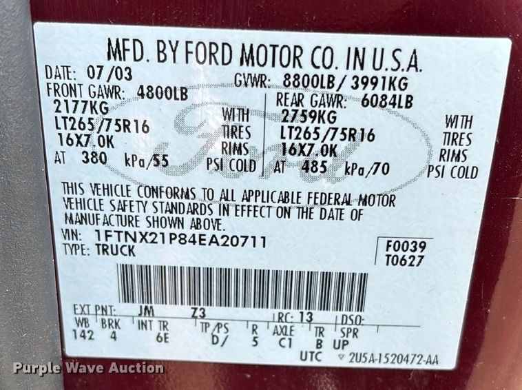 image for item FG0507 2004 Ford F250 Super Duty XLT Ext. Cab pickup truck