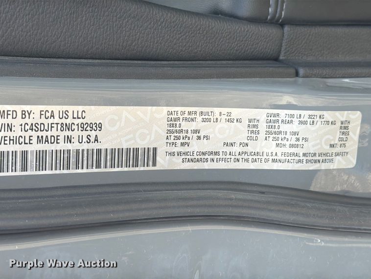 image for item NJ9076 2022 Dodge Durango SSV SUV