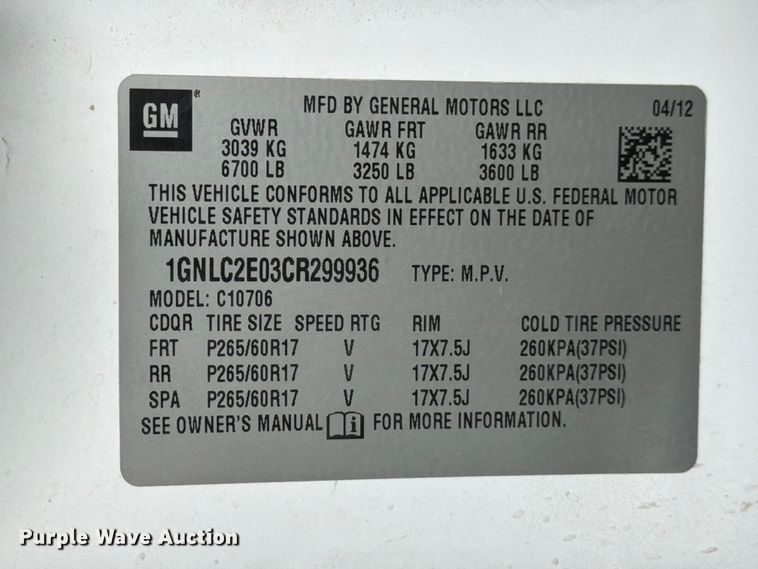 image for item YA3672 2012 Chevrolet Tahoe Police SUV