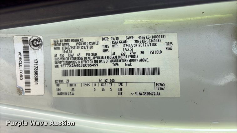 image for item YA3687 2018 Ford F250 Super Duty Ext. Cab pickup truck
