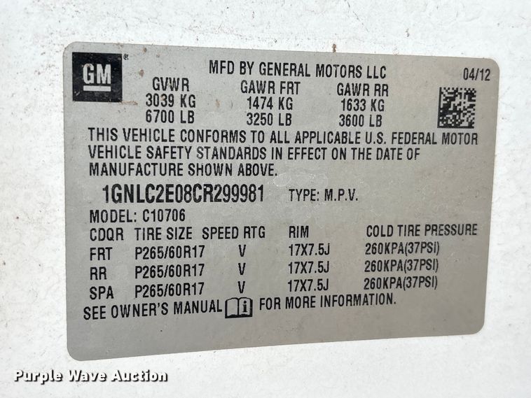 image for item YA3690 2012 Chevrolet Tahoe Police SUV