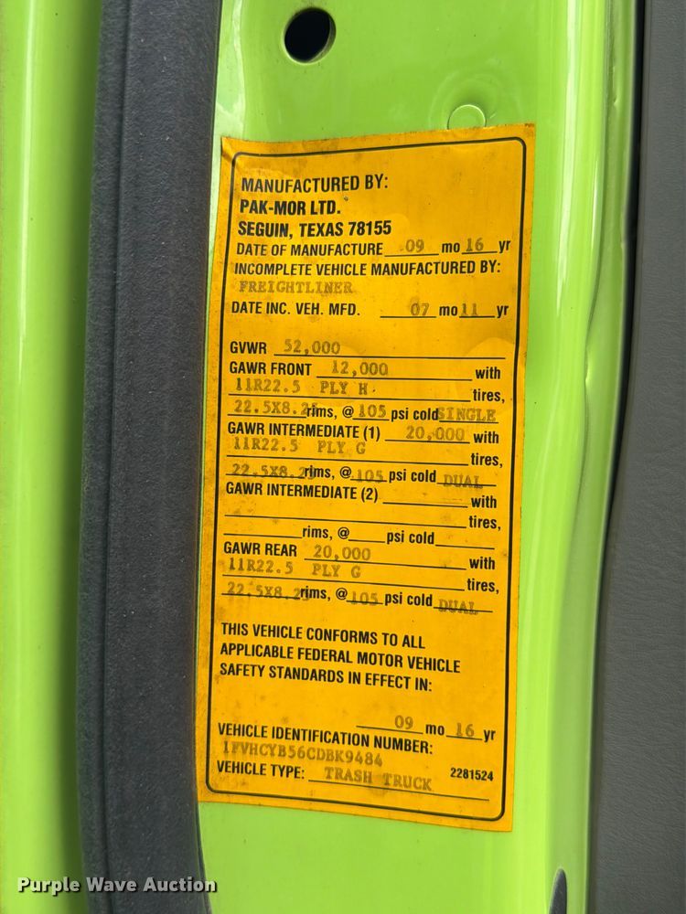 image for item YA3696 2012 Freightliner Business Class M2 refuse trailer