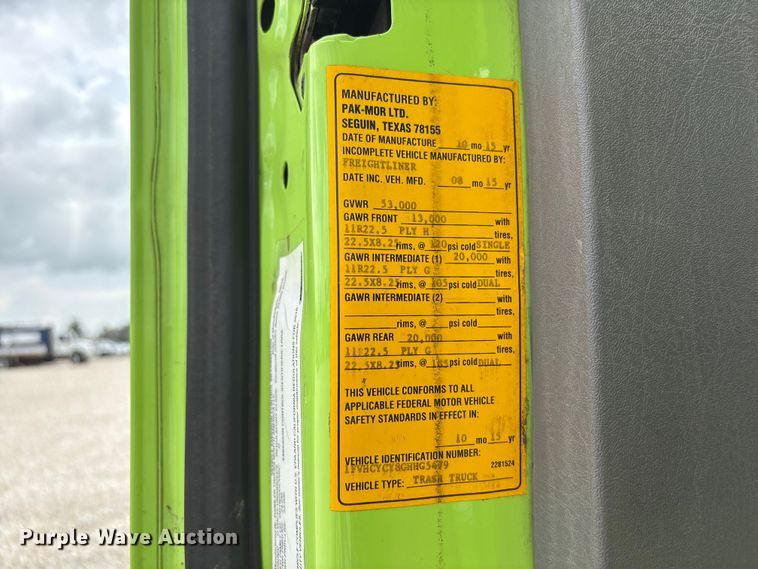 image for item YA3697 2016 Freightliner Business Class M2 refuse truck