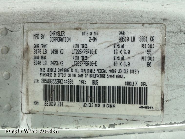 image for item YA3700 1994 Dodge Ram Wagon 350 van