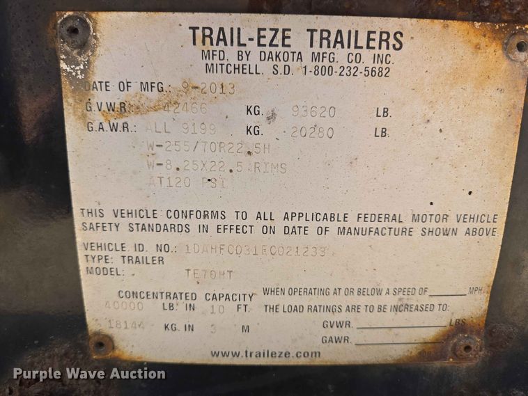 image for item DQ0005 2014 Trail-Eze TE70HT drop deck hydraulic tail equipment trailer