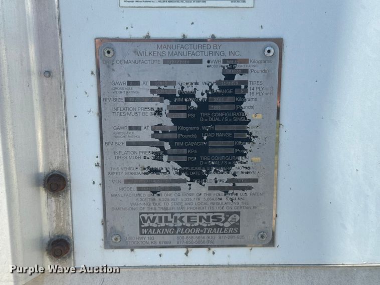 image for item ER2096 2010 Wilkens 0K2TA22PCFSD walking floor trailer