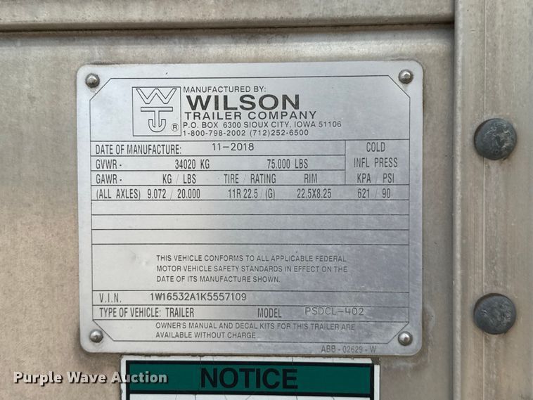 image for item ET6378 2019 Wilson PSDCL-402 livestock trailer