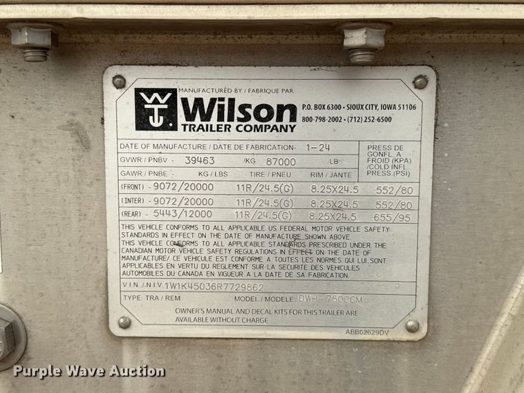 image for item ET6381 2024 Wilson DWH-750CGM grain trailer