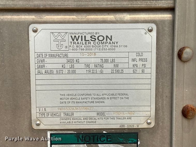 image for item ET6383 2019 Wilson PSDCL-402 livestock trailer