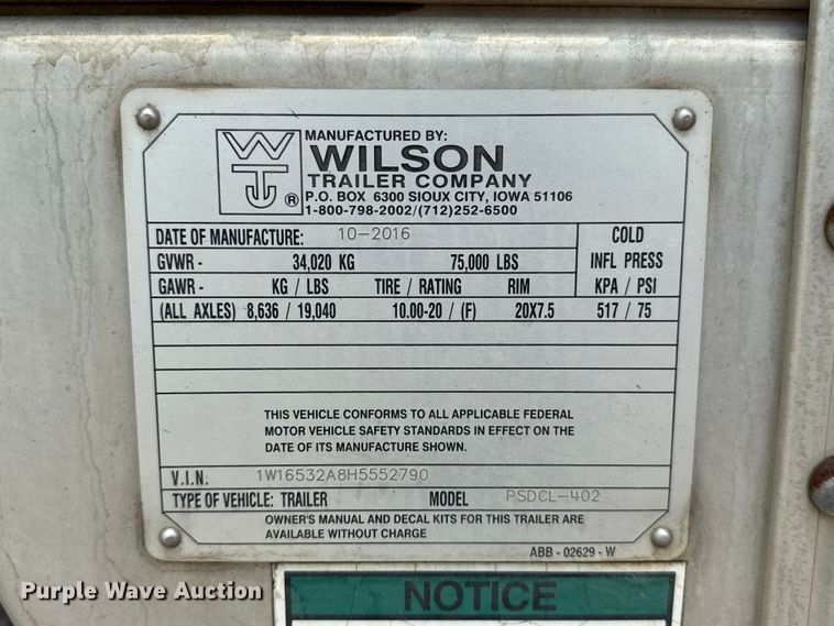 image for item ET6386 2017 Wilson PSDCL-402 livestock trailer