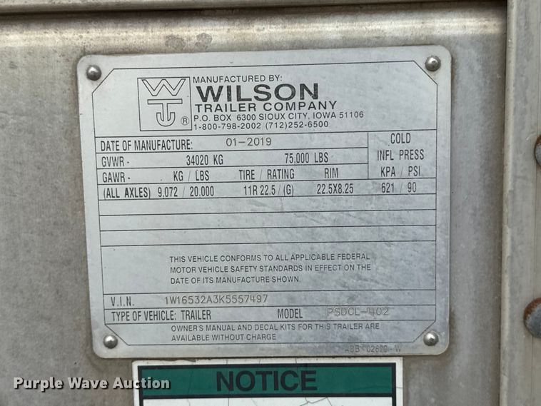 image for item ET6387 2019 Wilson PSDCL-402 livestock trailer