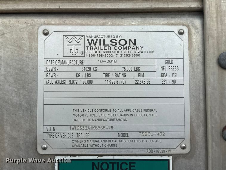 image for item ET6390 2019 Wilson PSDCL- 402 livestock trailer