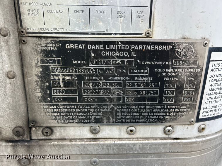 image for item FC2829 2008 Great Dane  7011TZ-1ASLT refrigerated van trailer