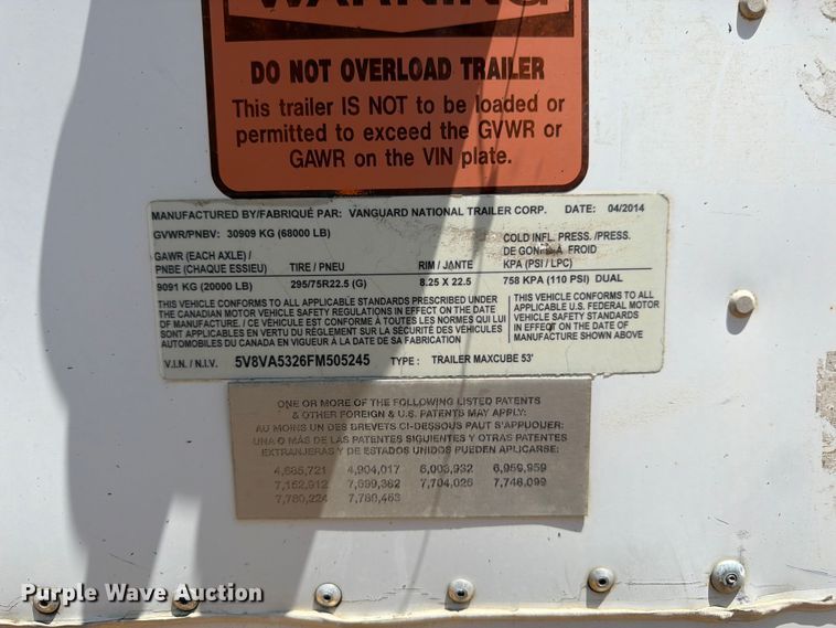 image for item FK3146 2015 Vanguard dry van trailer