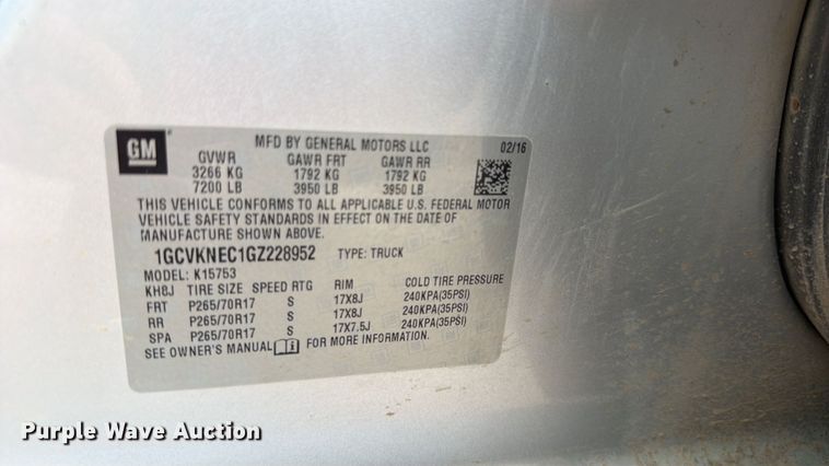 image for item EW0344 2016 Chevrolet Silverado 1500 Ext. Cab pickup truck