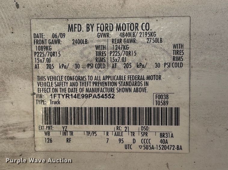image for item DU6355 2009 Ford Ranger Ext. Cab pickup truck
