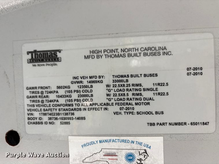 image for item EG9212 2011 Thomas Built MVP-EF school bus