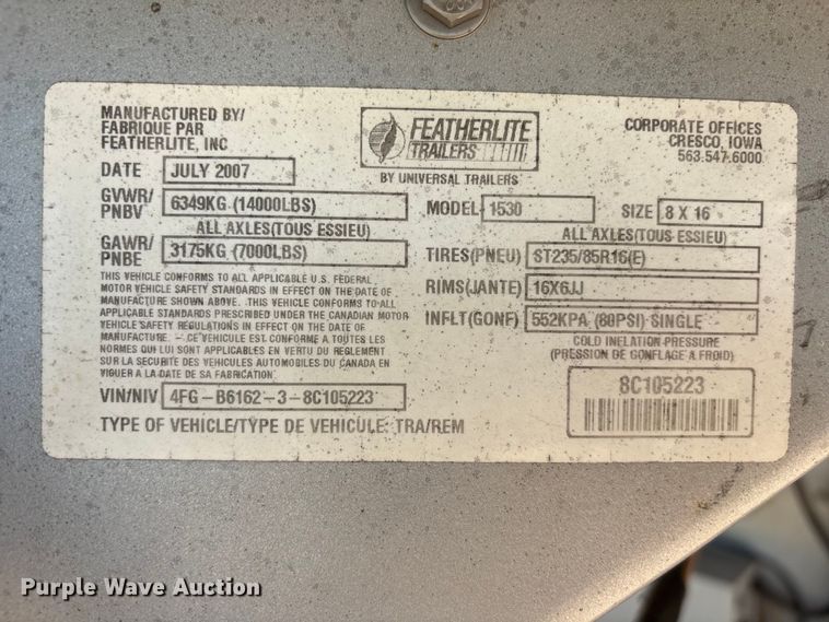 image for item EI5915 2008 Featherlite 1530 enclosed cargo trailer