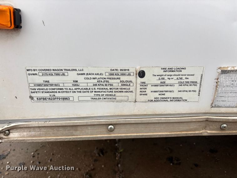image for item EO4356 2015 Covered Wagon Trailers CW7X16TA2 enclosed cargo trailer