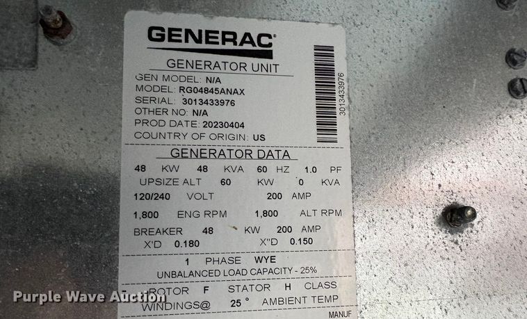 image for item EU0735 2023 Generac RG04845ANAX generator