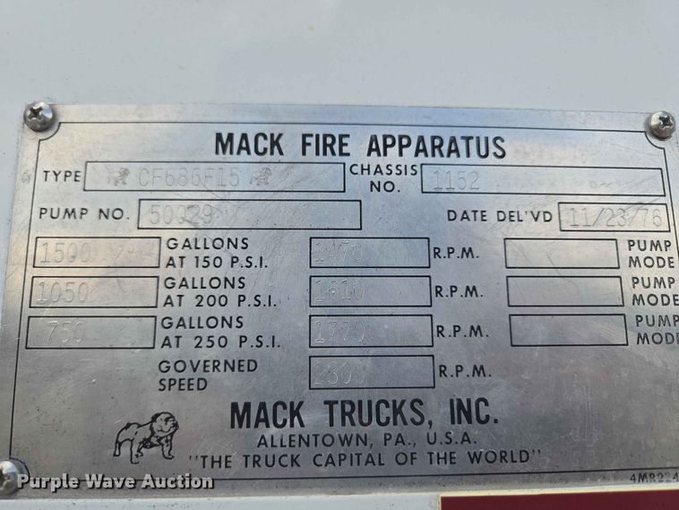 image for item EW0209 1977 Mack CF-600 pumper fire truck